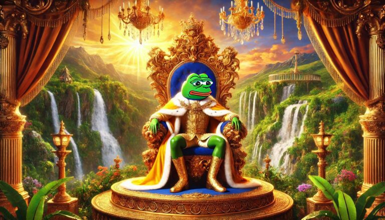 Dall·e 2024 12 25 10.30.54 A Majestic And Royal Themed Landscape Featuring Pepe The Frog Sitting On.jpeg