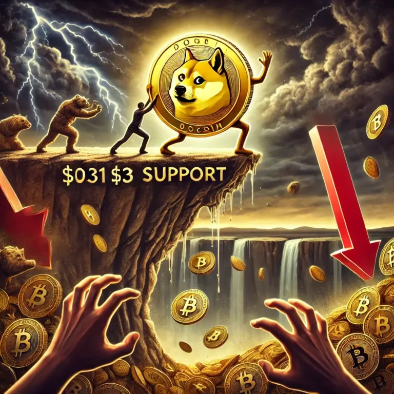 Dall·e 2025 01 29 15.21.31 A Dramatic Cryptocurrency Market Scene Featuring Dogecoin. A Large Golden.webp